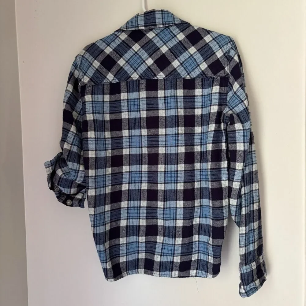 Justice Girls Sz 8 Blue Plaid Owl Sequin Roll Tab Button Front Flannel Shirt #14